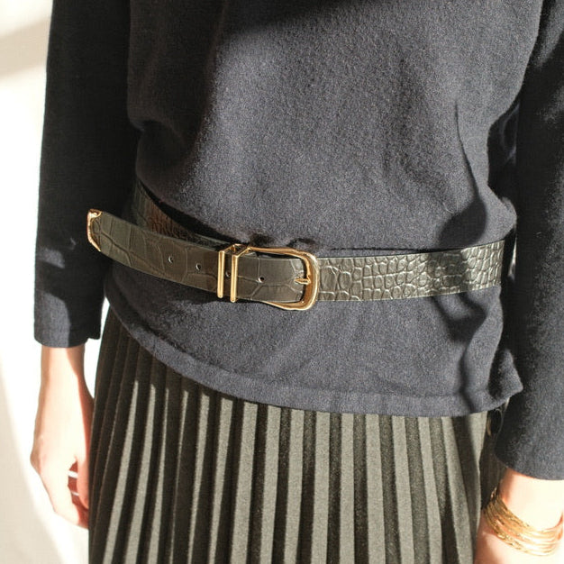Belt - Gold Buckle Double Keeper  Black Croc
