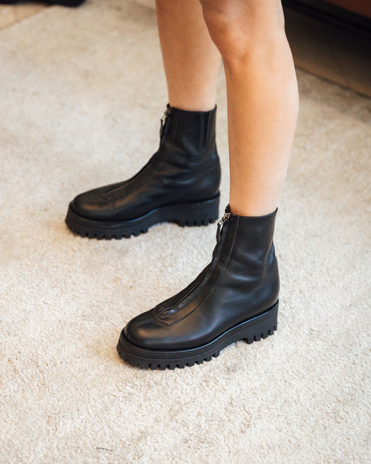 black zip up leather boots