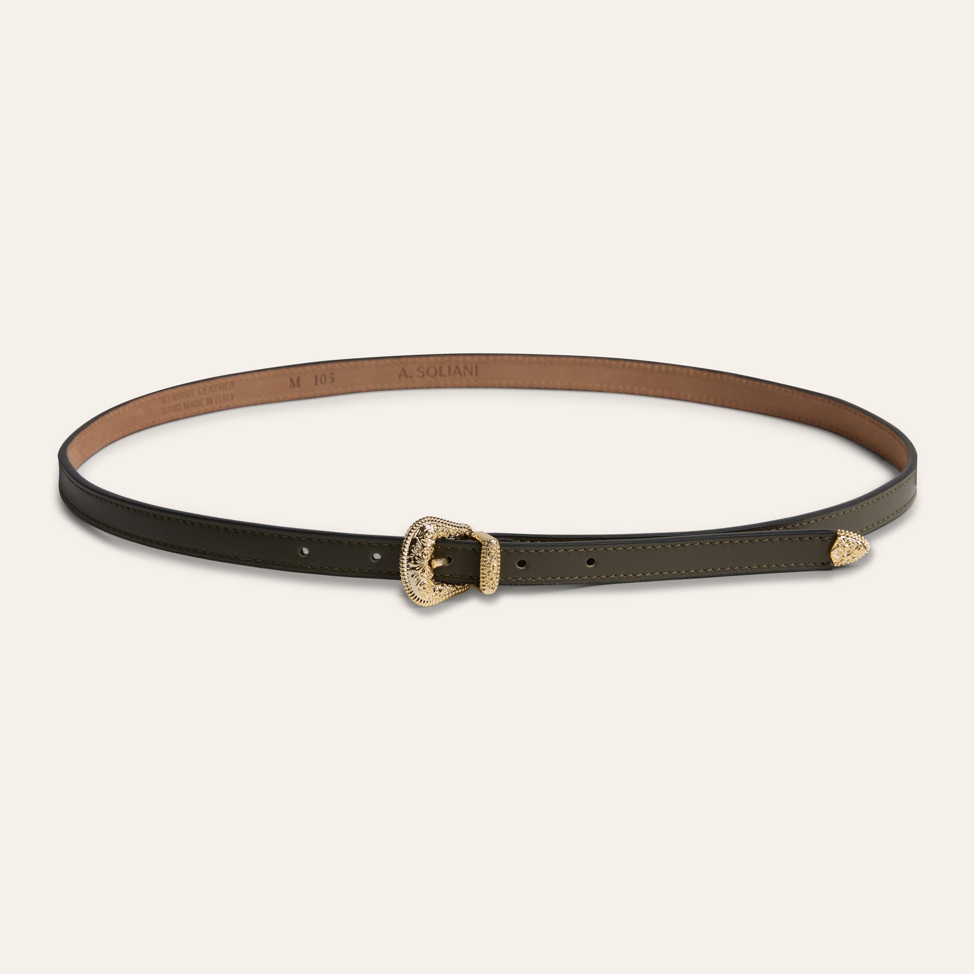 Belt - Western Buckle Olive Leather Skinny