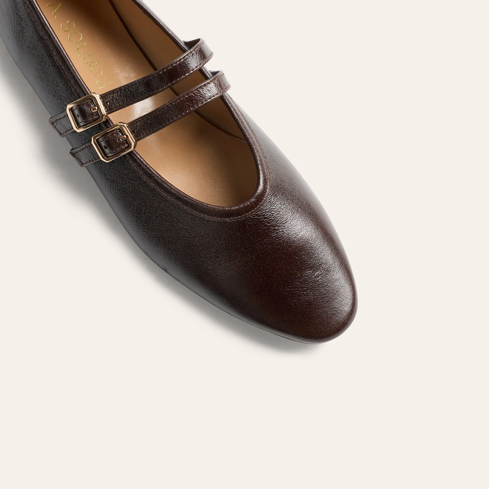 A close-up of a dark brown leather Mary Jane shoe with double straps and gold-tone buckle details, shown on a light cream background.