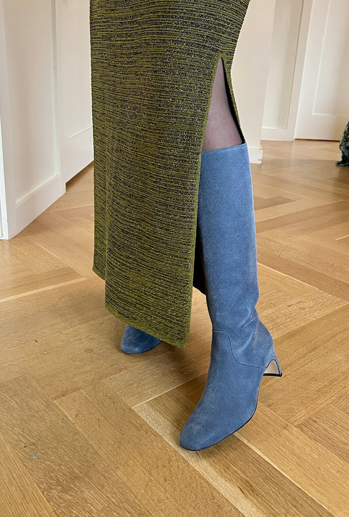 Denim Tall Boots on model
