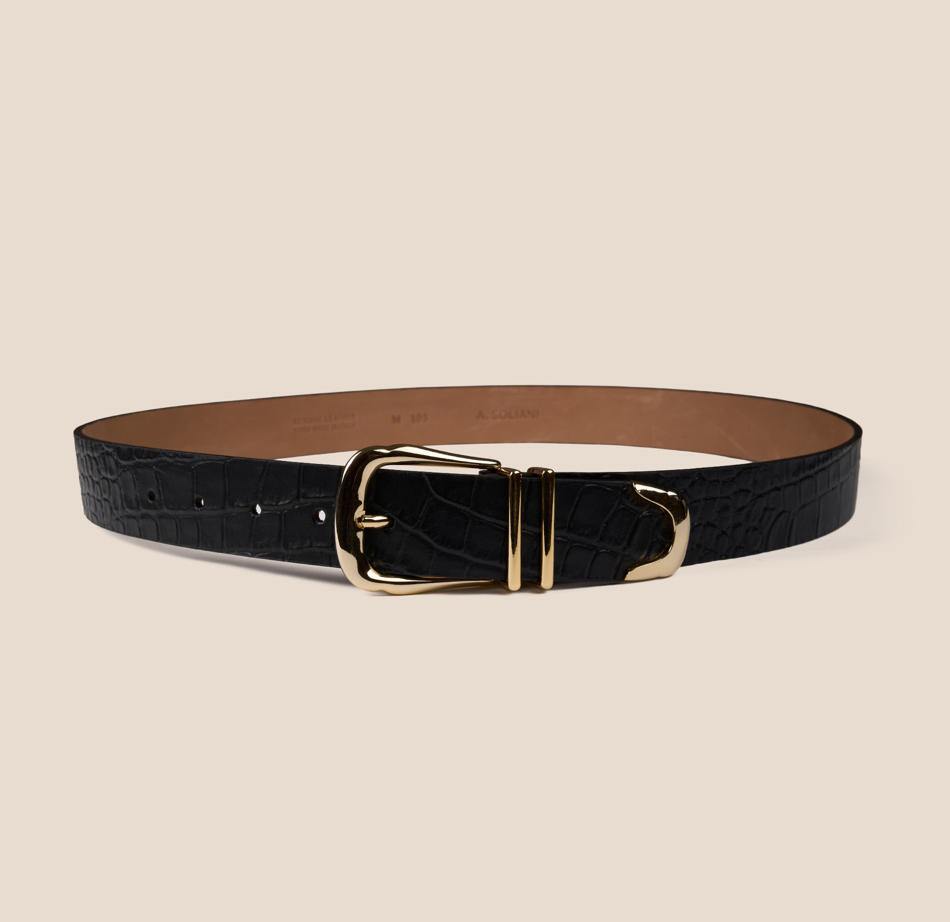 Belt - Gold Buckle Double Keeper  Black Croc