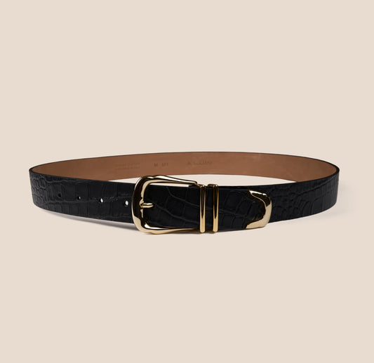 Belt - Gold Buckle Double Keeper  Black Croc