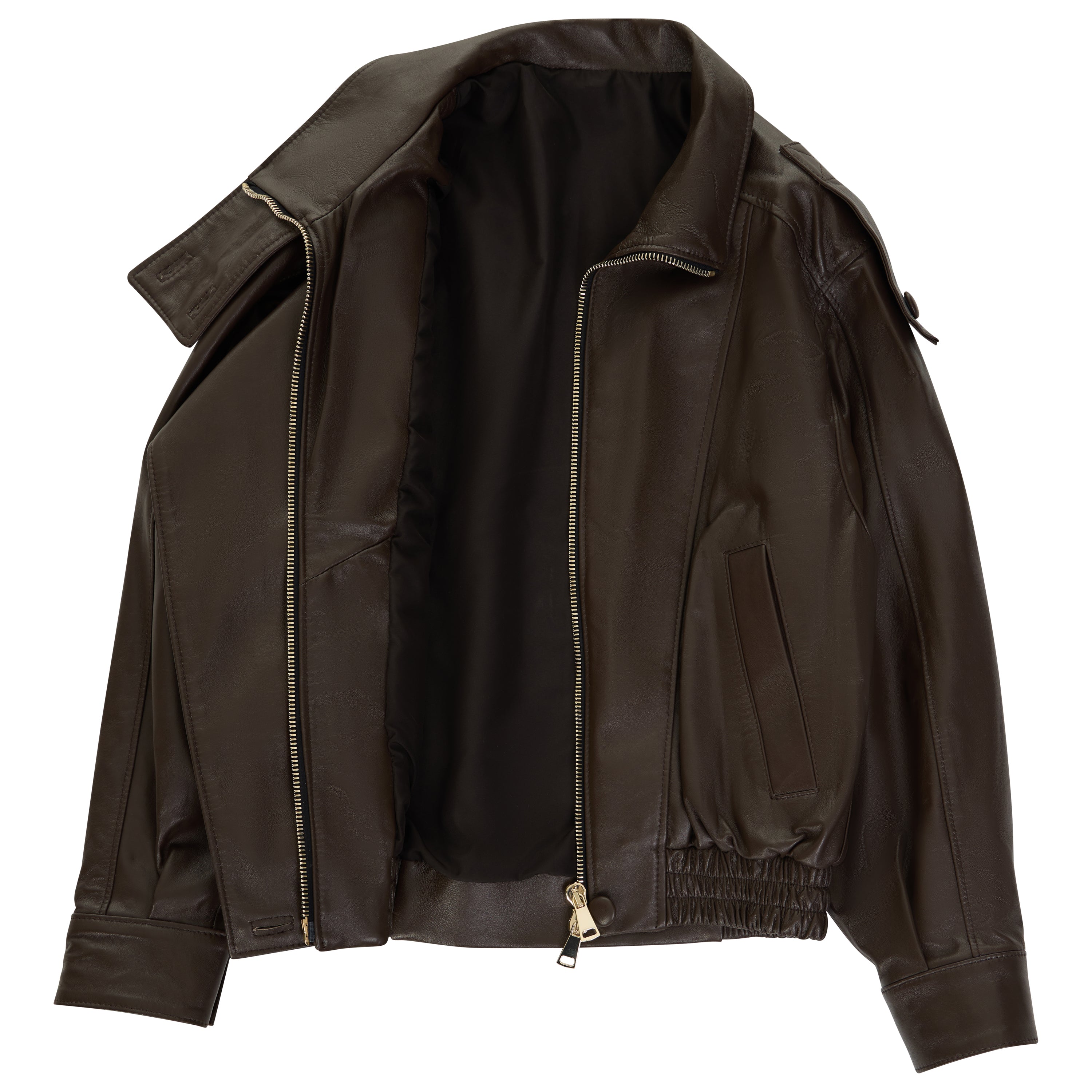 A dark brown leather bomber jacket with a front zipper, ribbed elastic cuffs and hem, and a black interior lining, shown against a plain white background.