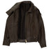 A dark brown leather bomber jacket with a front zipper, ribbed elastic cuffs and hem, and a black interior lining, shown against a plain white background.