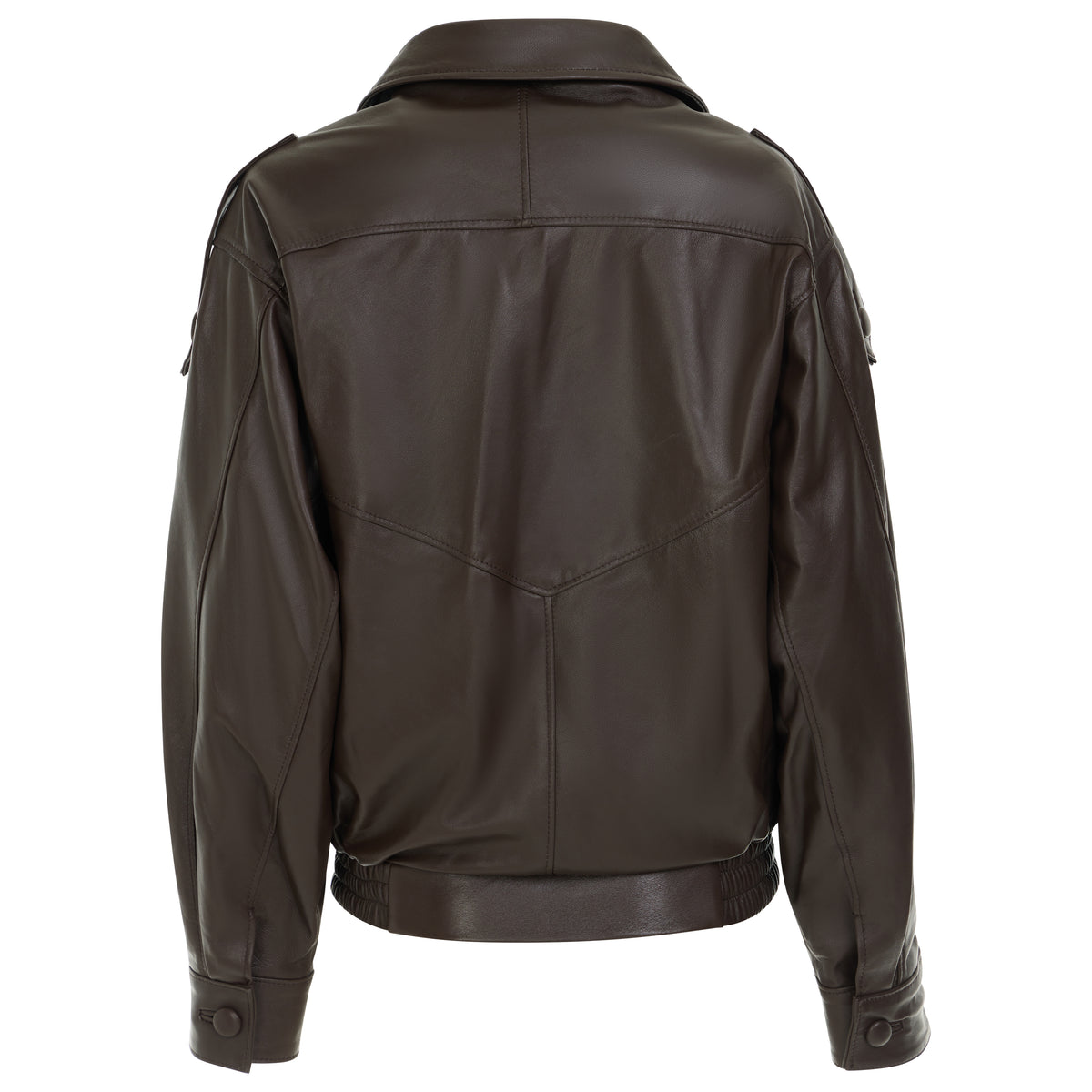 A dark brown leather jacket shown from the back, featuring a classic collar, shoulder epaulets, and a zippered back closure, displayed on a clean white background.