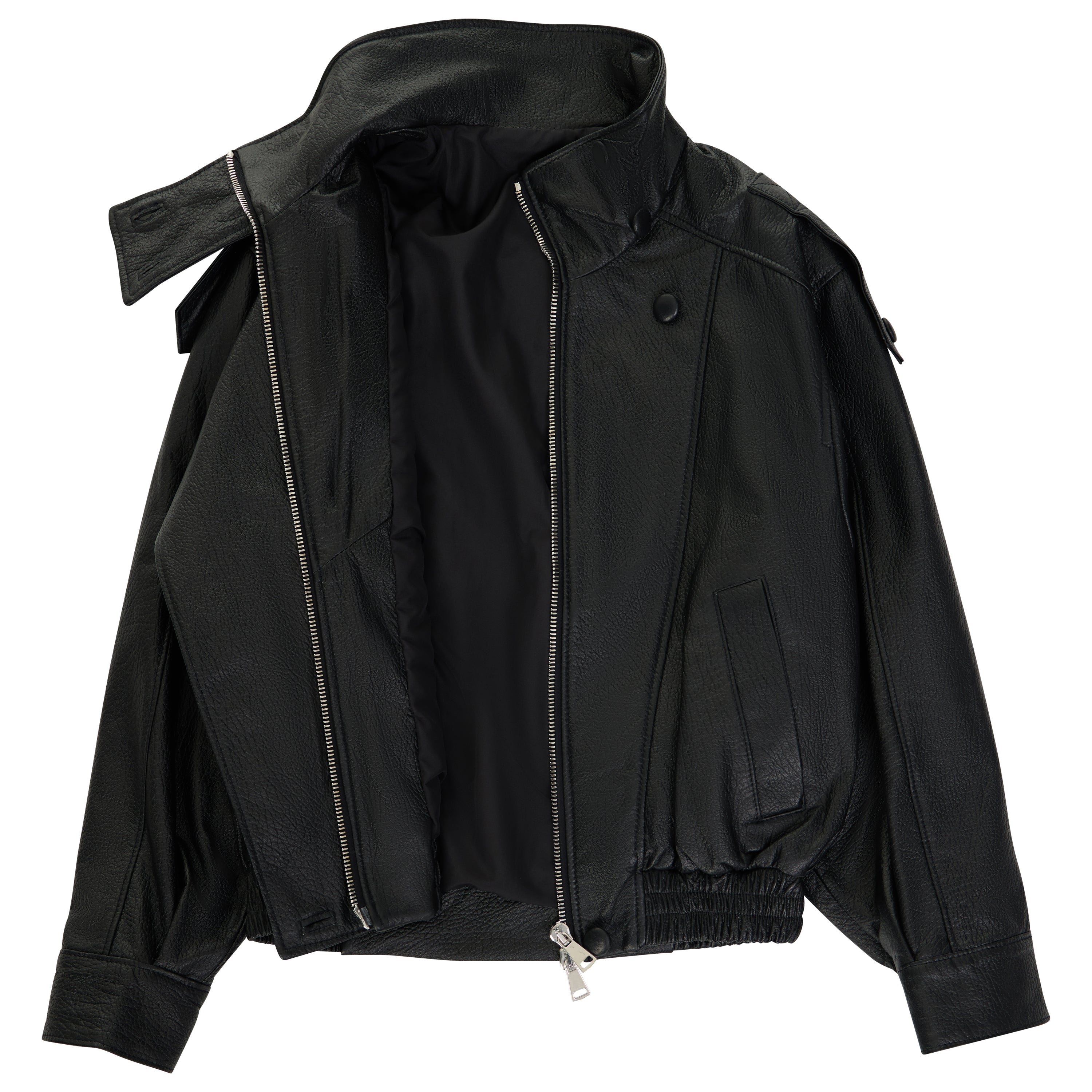 A black leather bomber jacket with a high collar, asymmetrical zipper, and side pockets, shown against a plain white background.