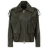 An olive green leather jacket with a high collar, front zipper, shoulder epaulets, and two large flap chest pockets, shown on a plain white background.