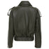 An olive green leather jacket shown from the back, featuring a high collar, shoulder strap details, and an elasticated hem, set against a plain white background.