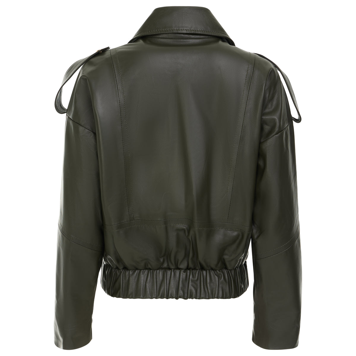 An olive green leather jacket shown from the back, featuring a high collar, shoulder strap details, and an elasticated hem, set against a plain white background.