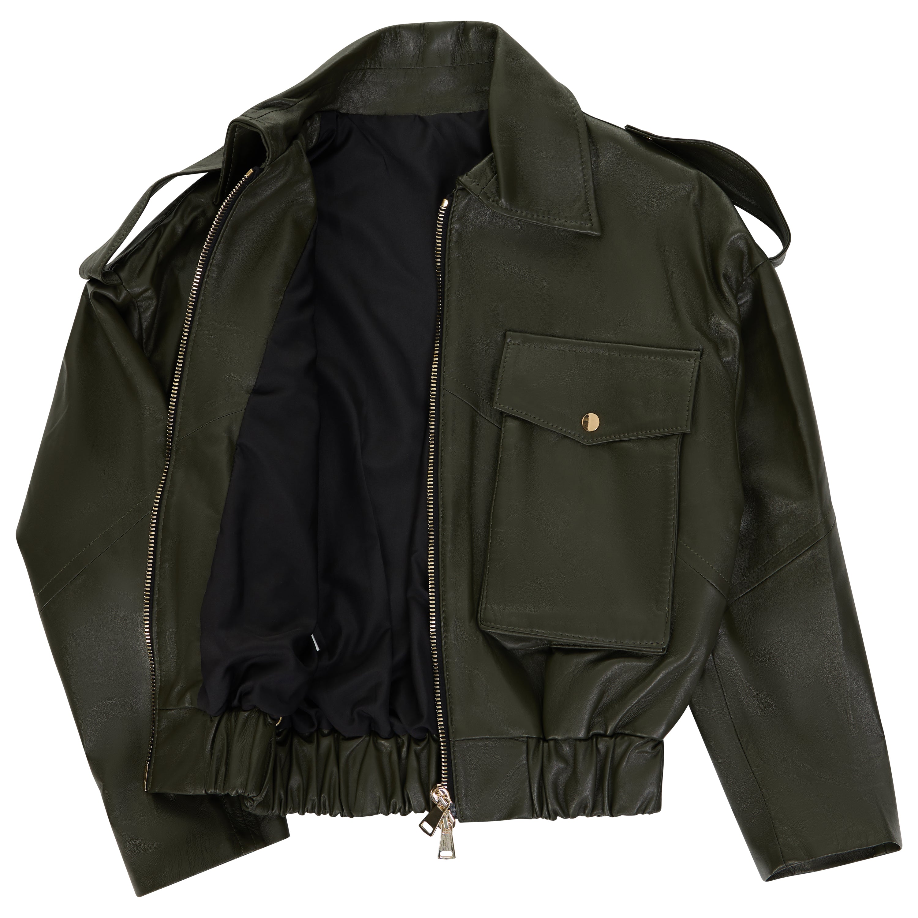 An olive green leather jacket with a black interior lining, featuring a zippered front, a chest pocket with a button closure, and a gathered elastic hem, shown against a plain white background.