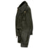 An olive green leather jacket with a high collar, side zipper, and front flap pocket, shown from a side profile on a white background.