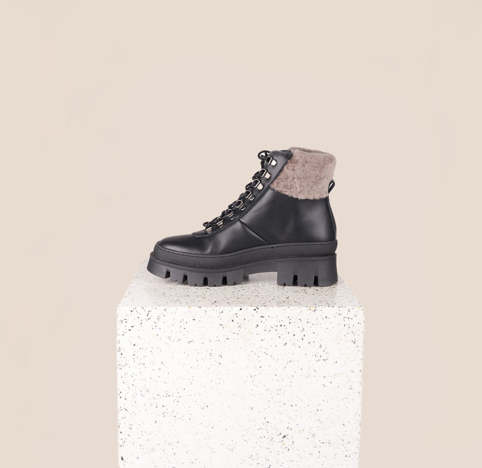 Moena Black Leather Shearling Lug Sole Boots Inner View