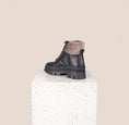 Load image into Gallery viewer, Moena Black Leather Shearling Lug Sole Boots Back View
