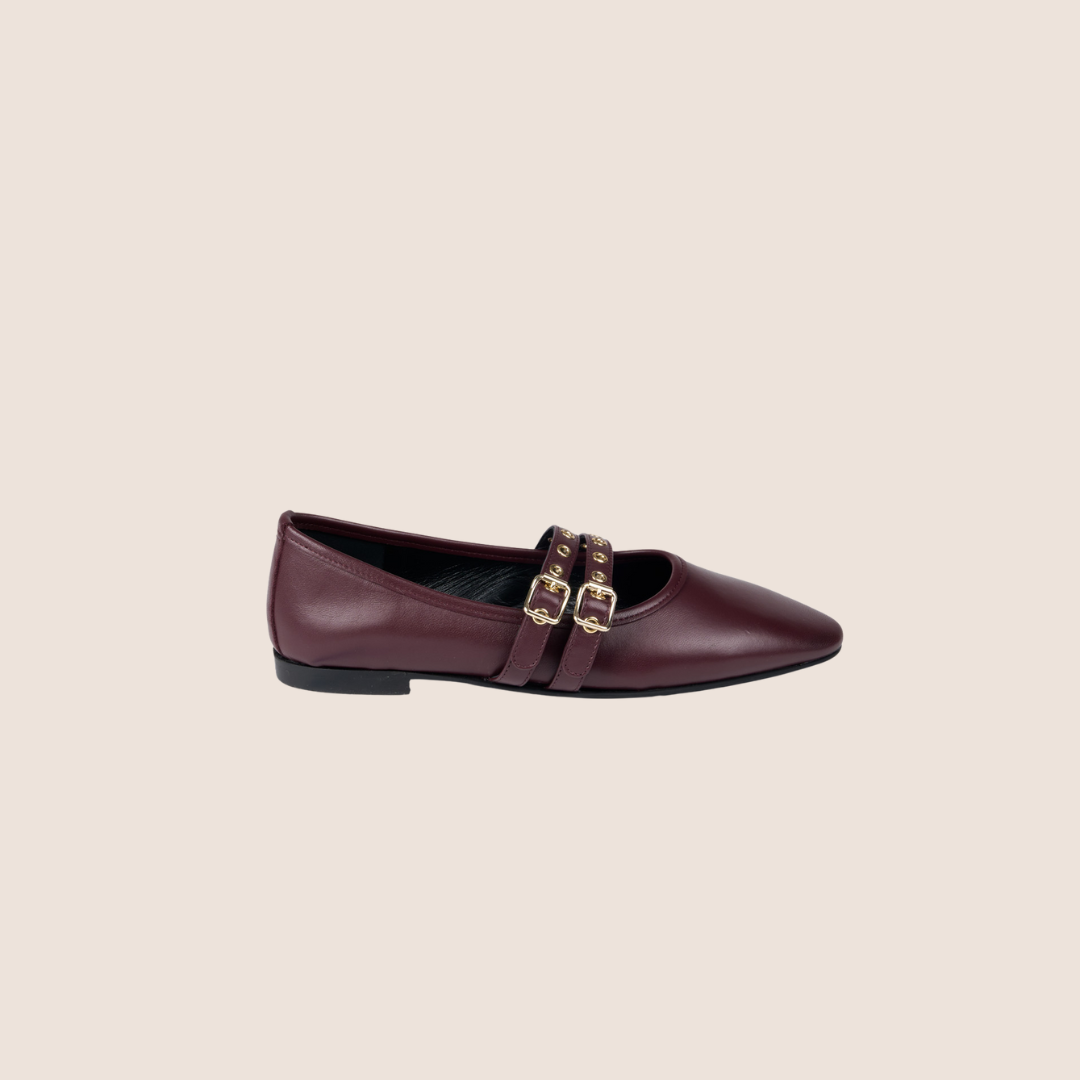 Como 2 Buckle Wine Italian Leather Ballet Flats | A. Soliani 40.5 / Wine - Italian Leather Flats