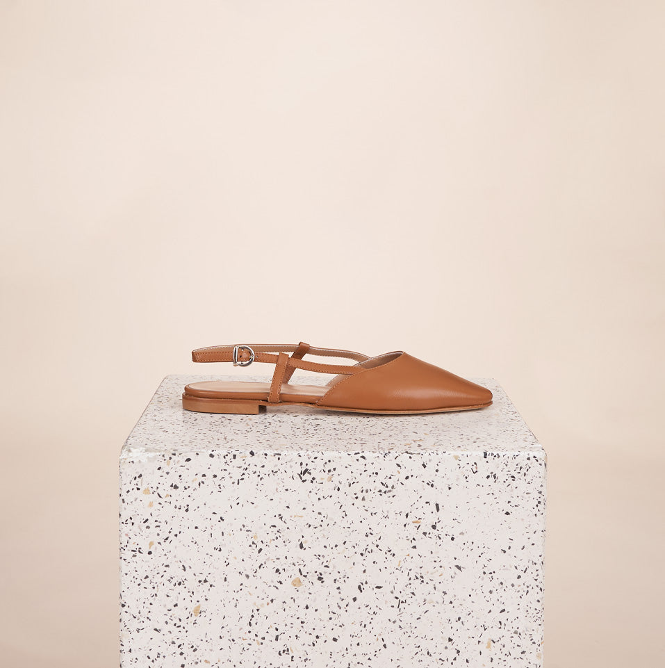 Capri Italian Leather Sling Back Flats in Caramel | A. Soliani